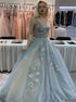 A Line V Neck Tulle Appliques Gray Prom Dress LBQ4028